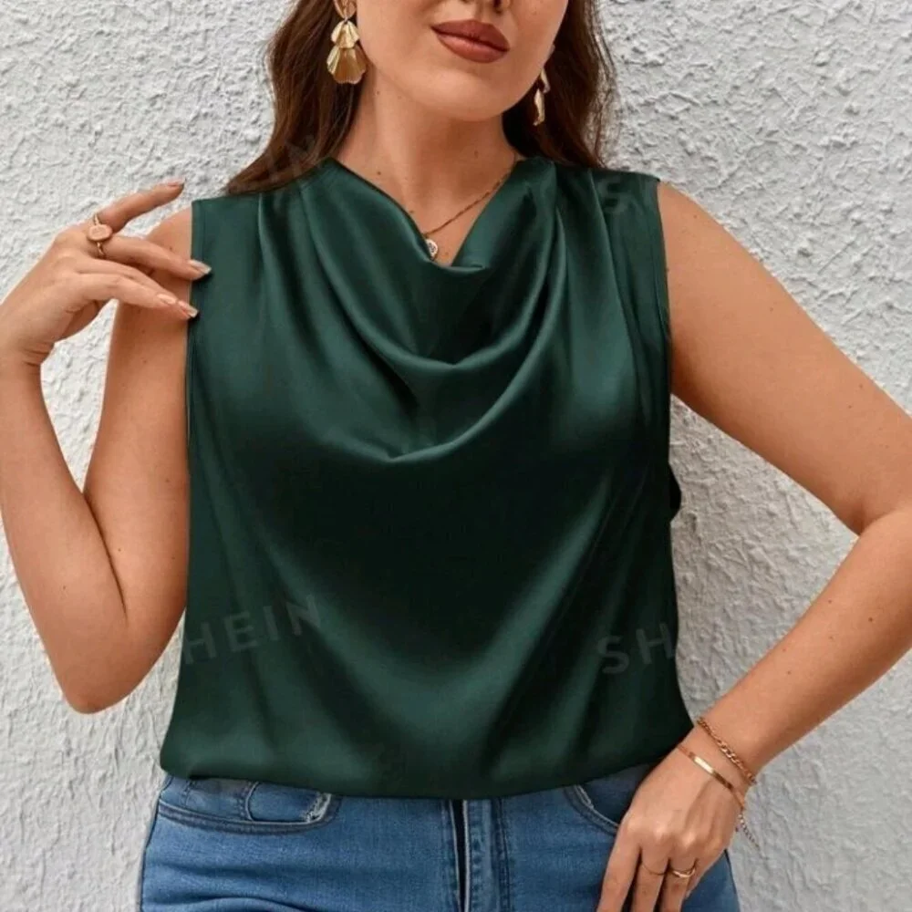 Draped Collar Sleeveless Satin Blouse - Picture 5 of 6